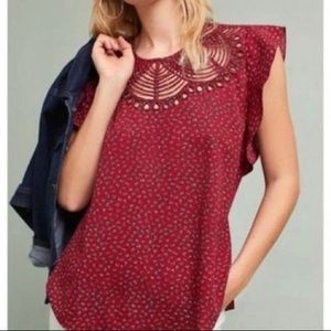 Anthropologie Ranna Gill Cutwork Flutter Sleeves Floral Print Blouse X-Small